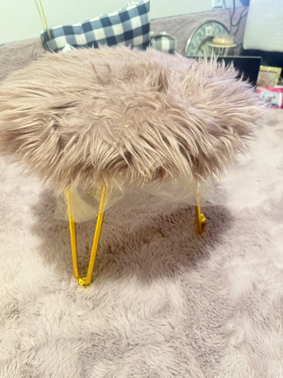 Faux Fur Ottoman with Gold Legs