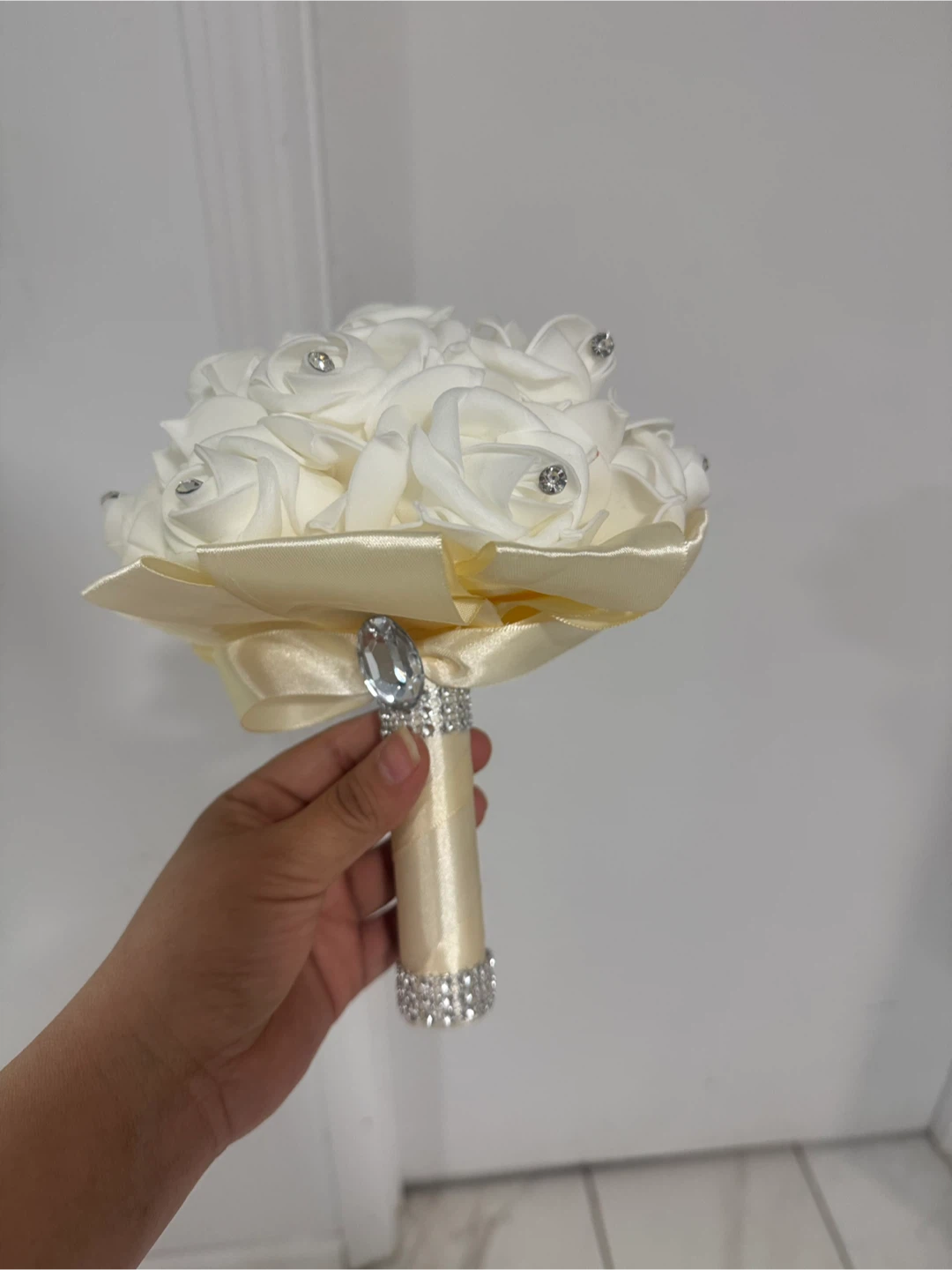 White Rose Bridal Bouquet with Rhinestones and Bow - photo 2