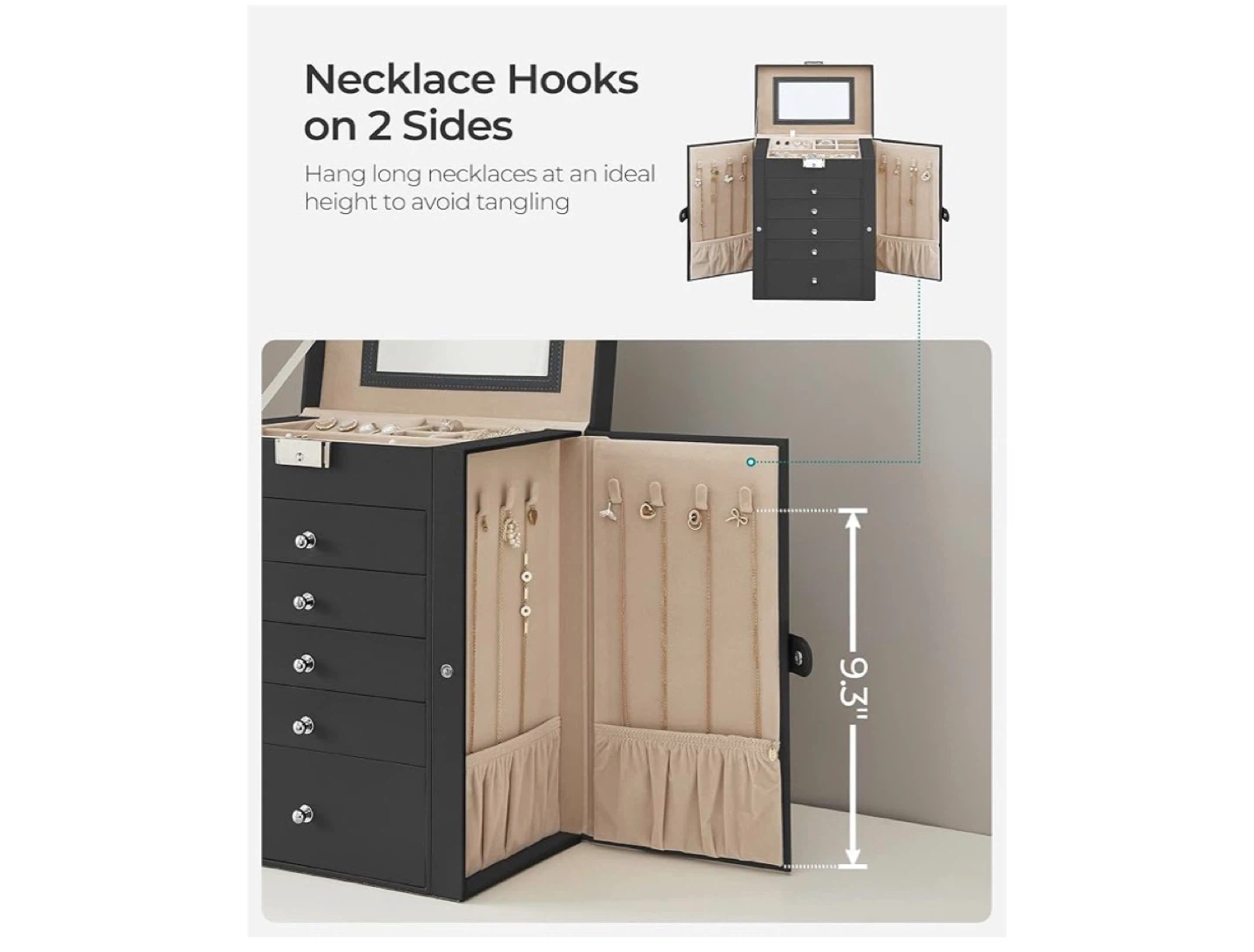 SONGMICS Black Faux Leather Jewellery Box with Mirror - photo 4
