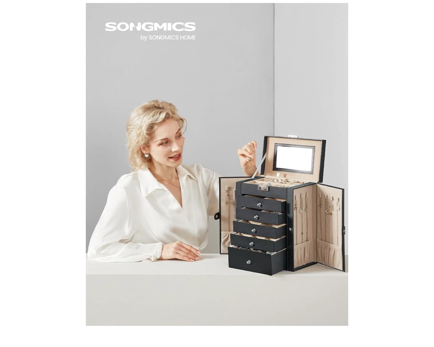 SONGMICS Black Faux Leather Jewellery Box with Mirror - photo 2