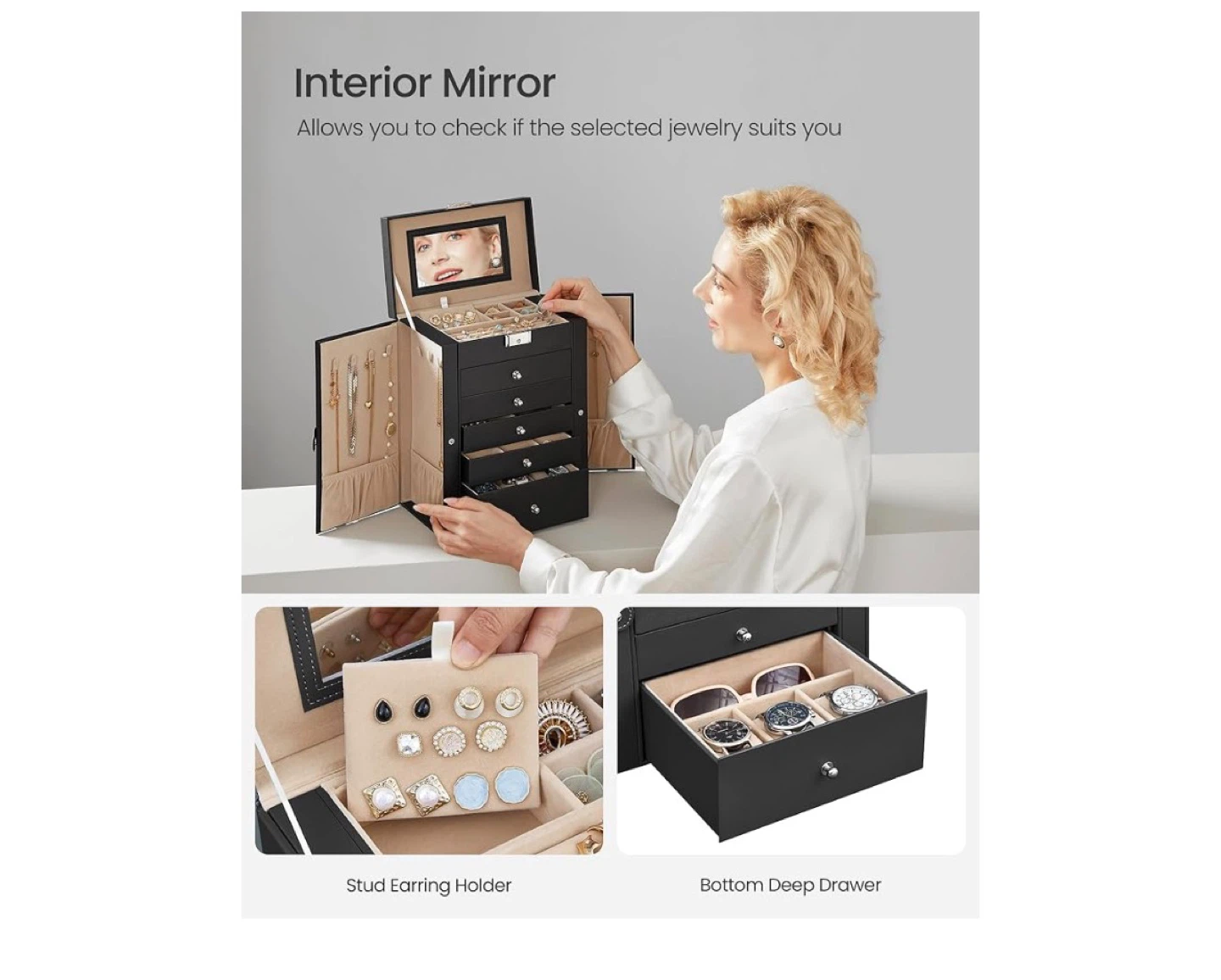 SONGMICS Black Faux Leather Jewellery Box with Mirror - photo 5