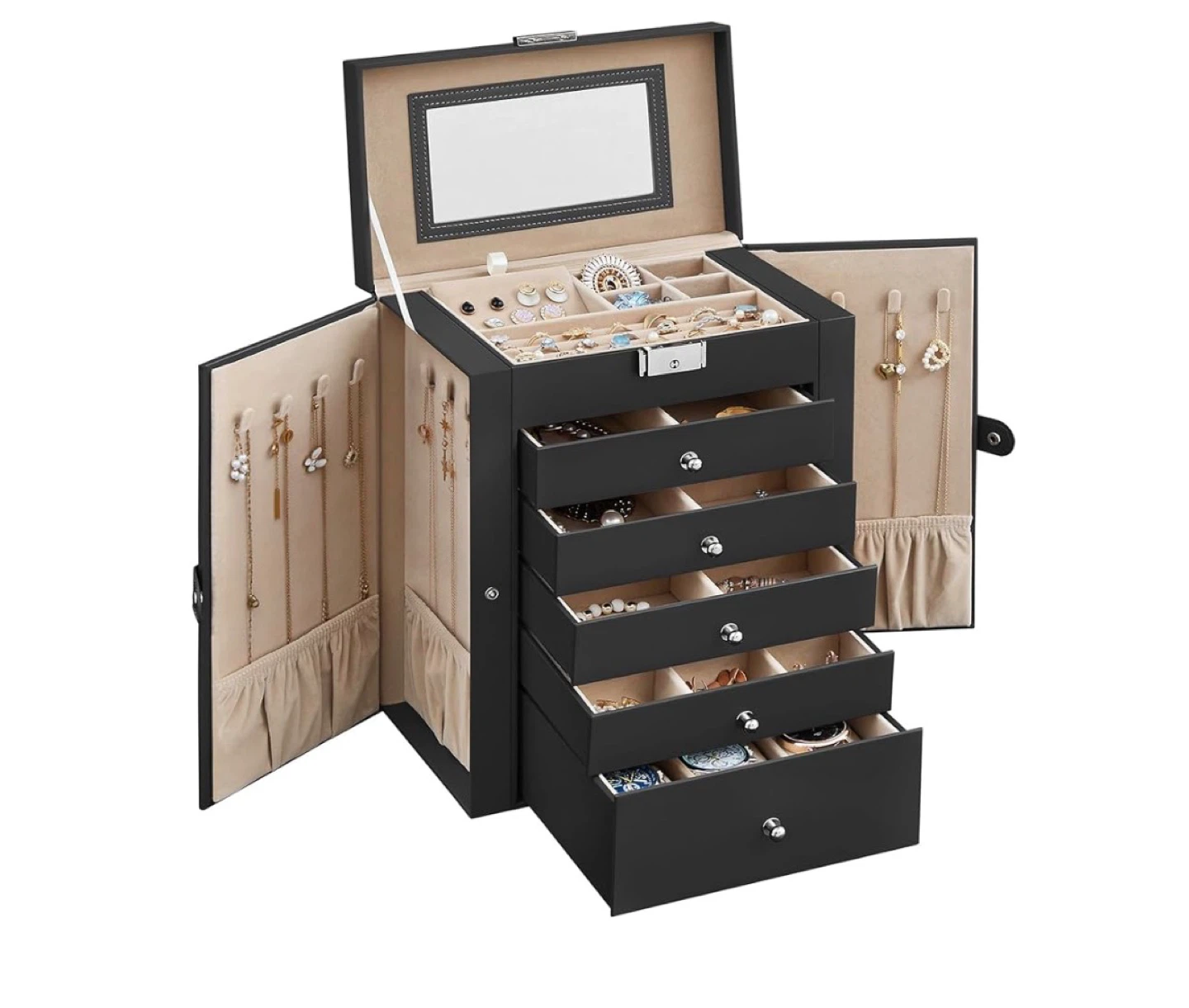 SONGMICS Black Faux Leather Jewellery Box with Mirror