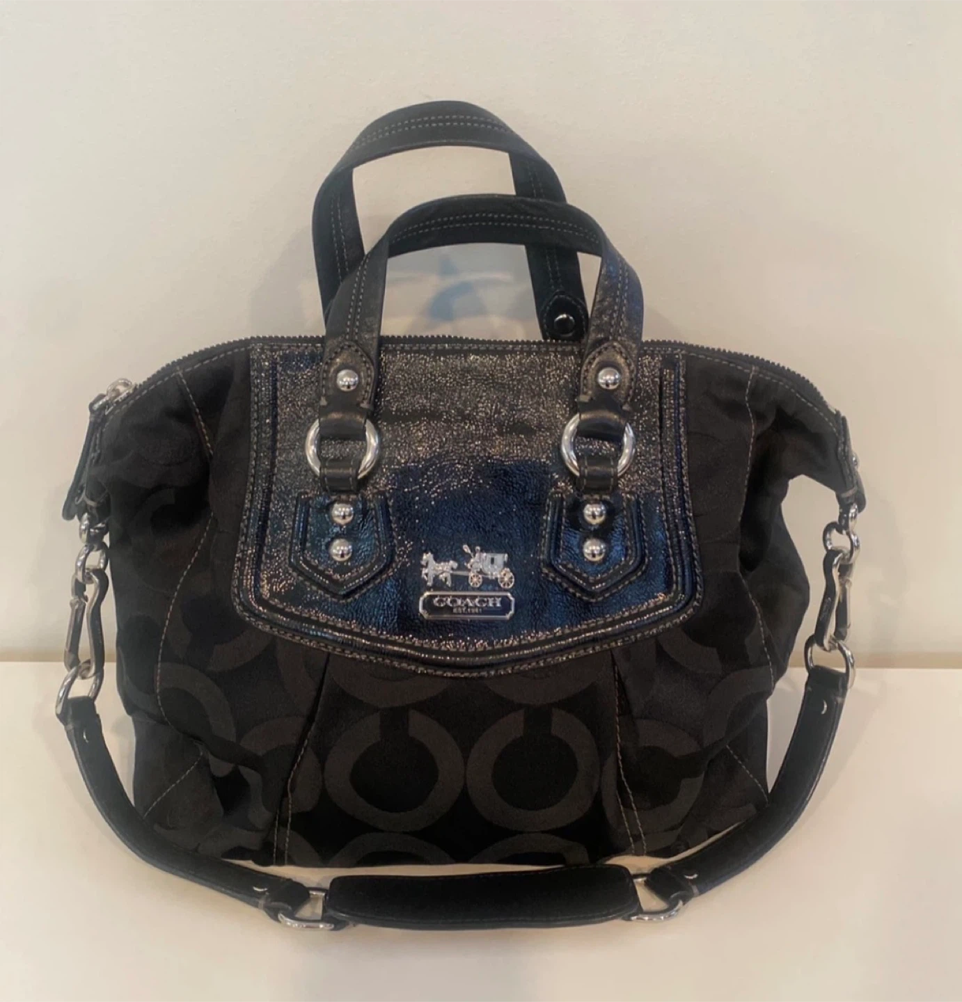 Coach Signature C Monogram Black Patent Trim Purse