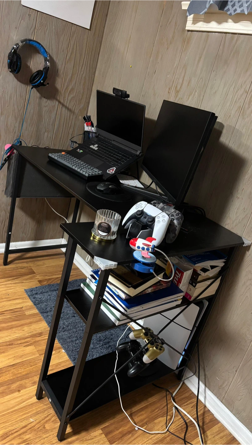 Desk with shelves and Black and White Gaming Chair