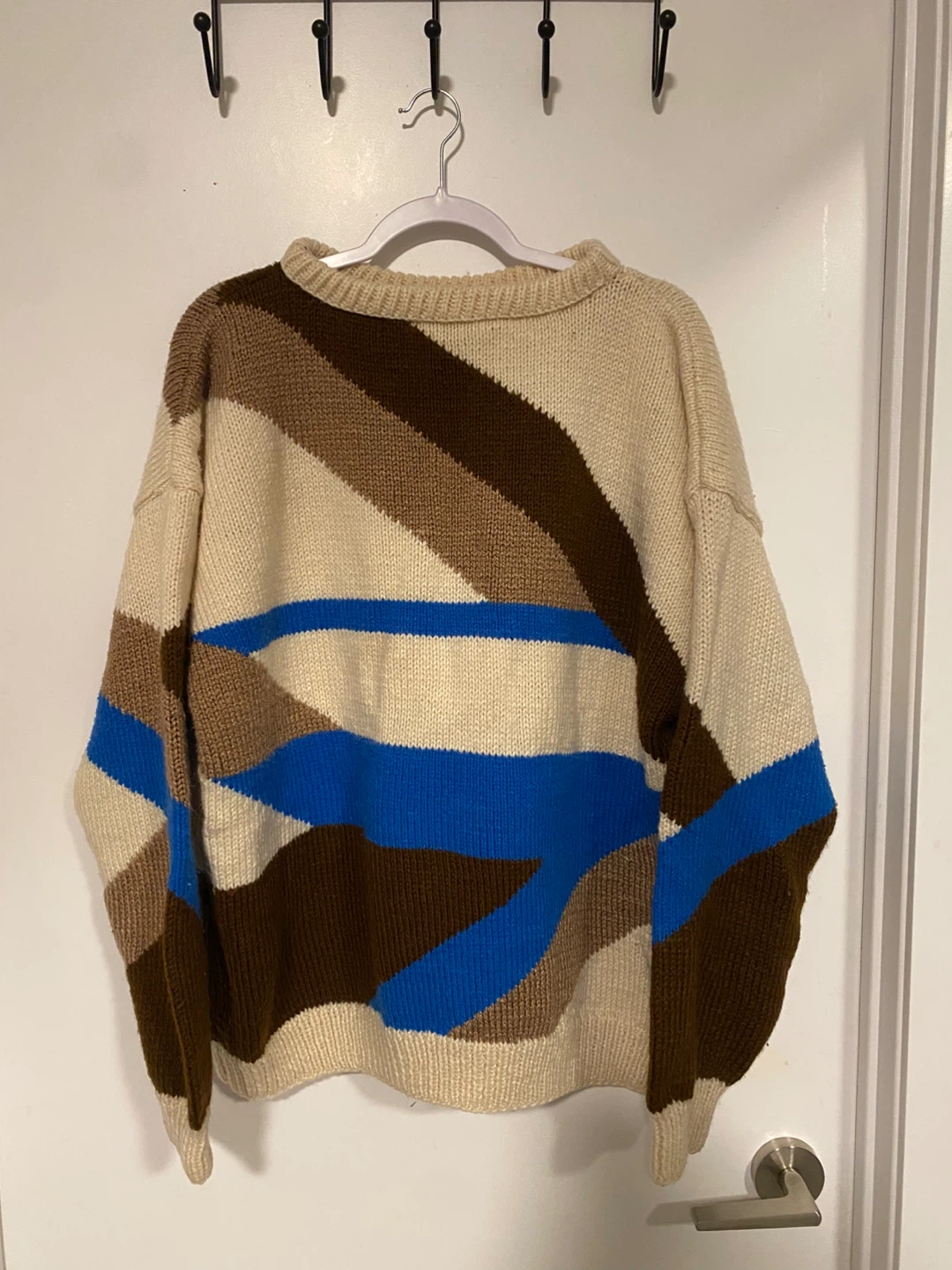 Cream, Brown, and Blue Striped Knit Sweater