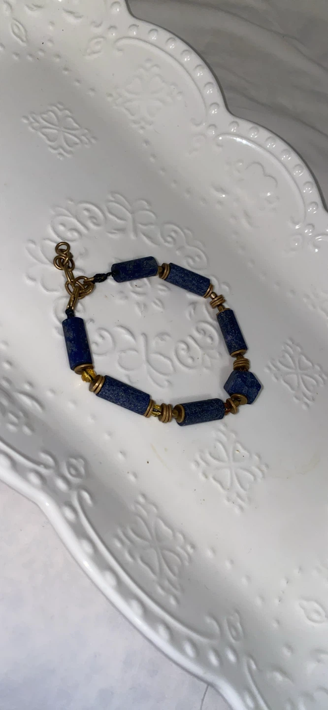 Genuine Lapis lazuli Beaded Bracelet with Brass accents