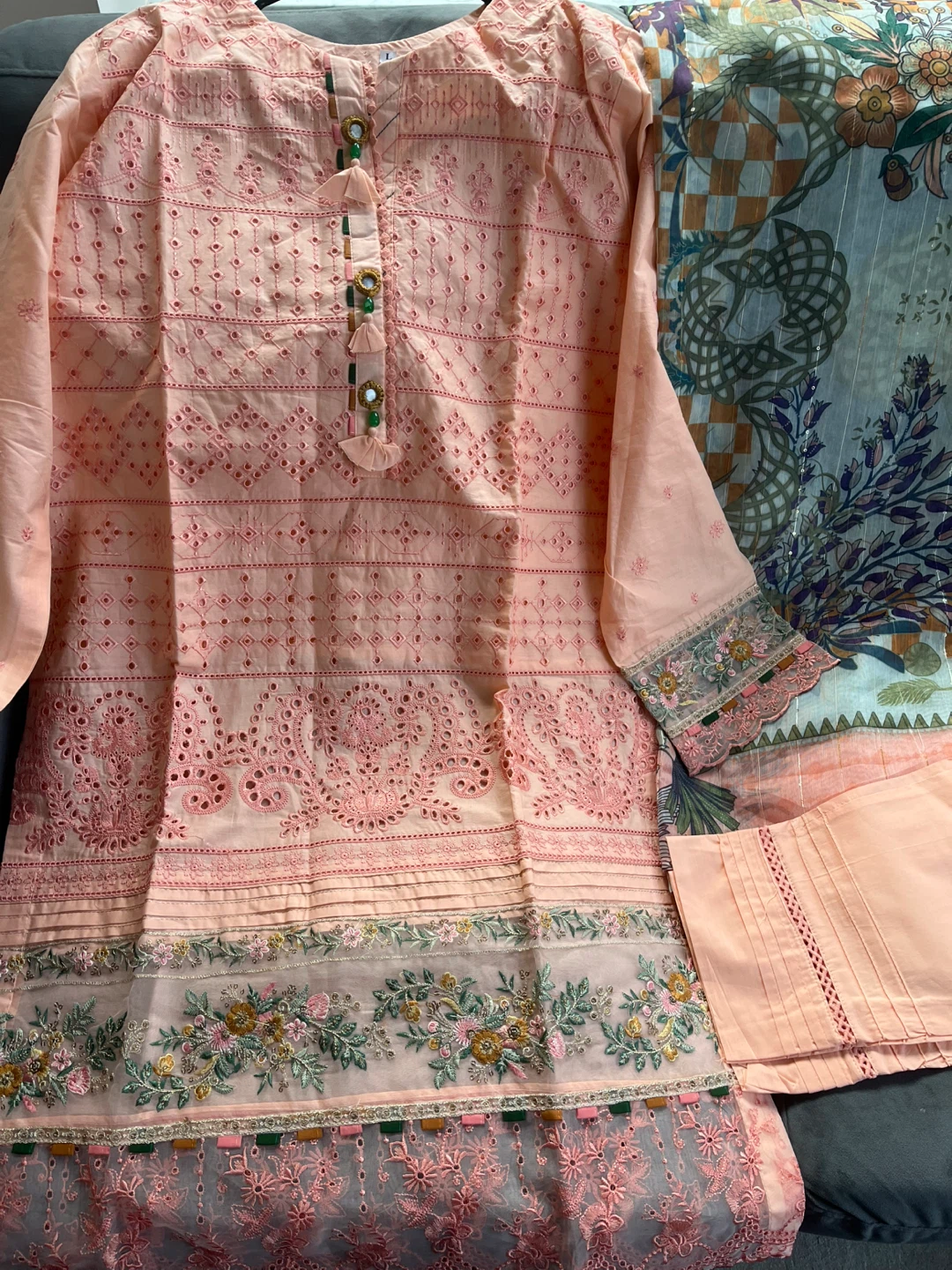 Peach Embroidered Lawn Suit with Dupatta - photo 2