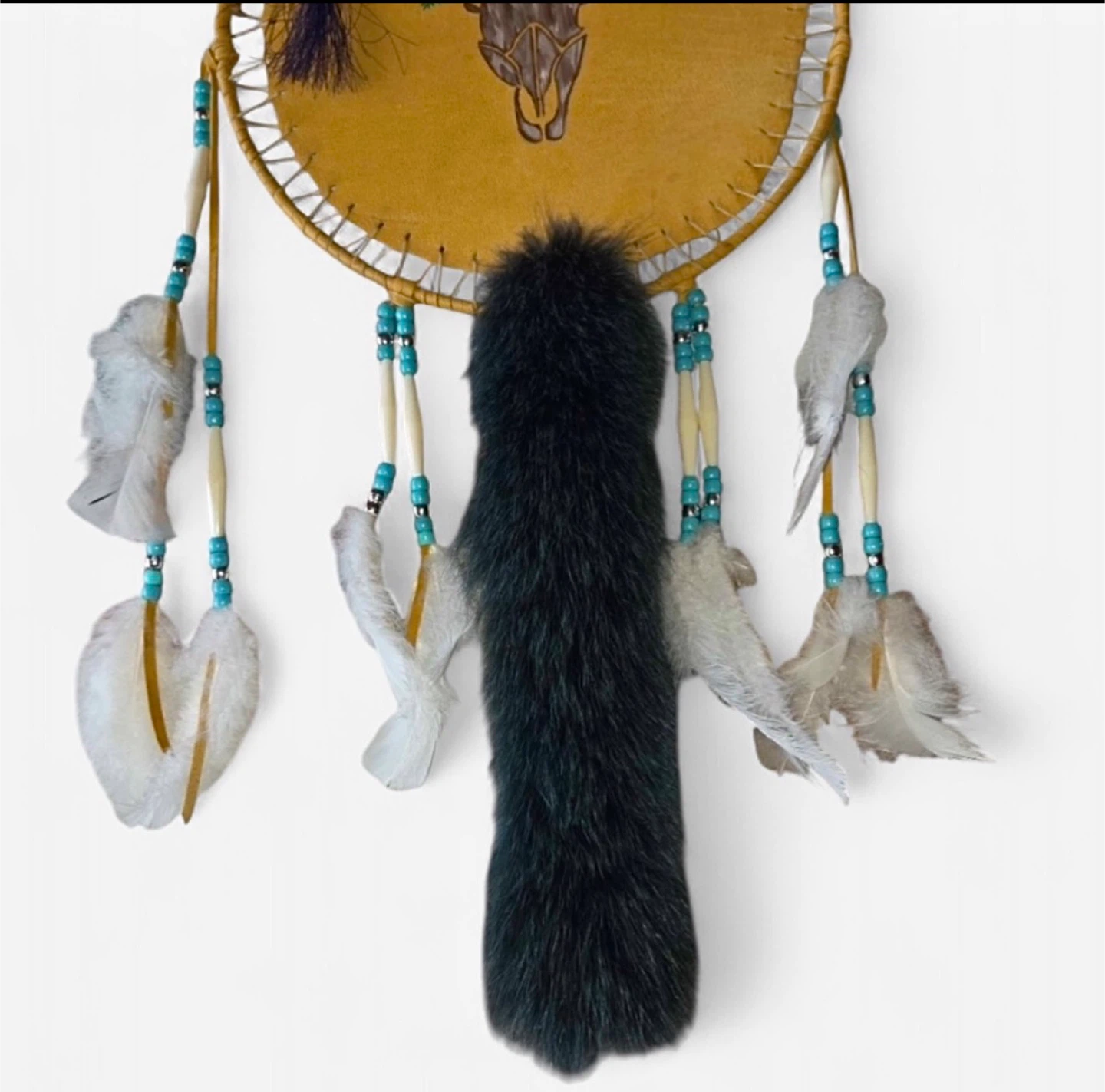Handmade Indigenous Painted Dream Catcher with Fox Tail Fur - photo 4