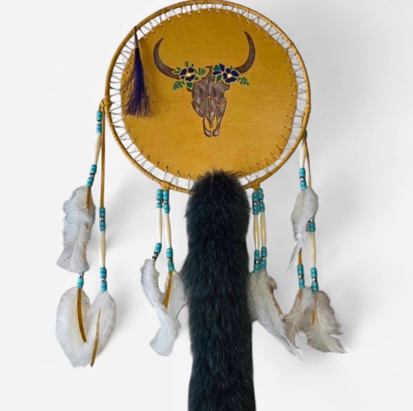 Handmade Indigenous Painted Dream Catcher with Fox Tail Fur