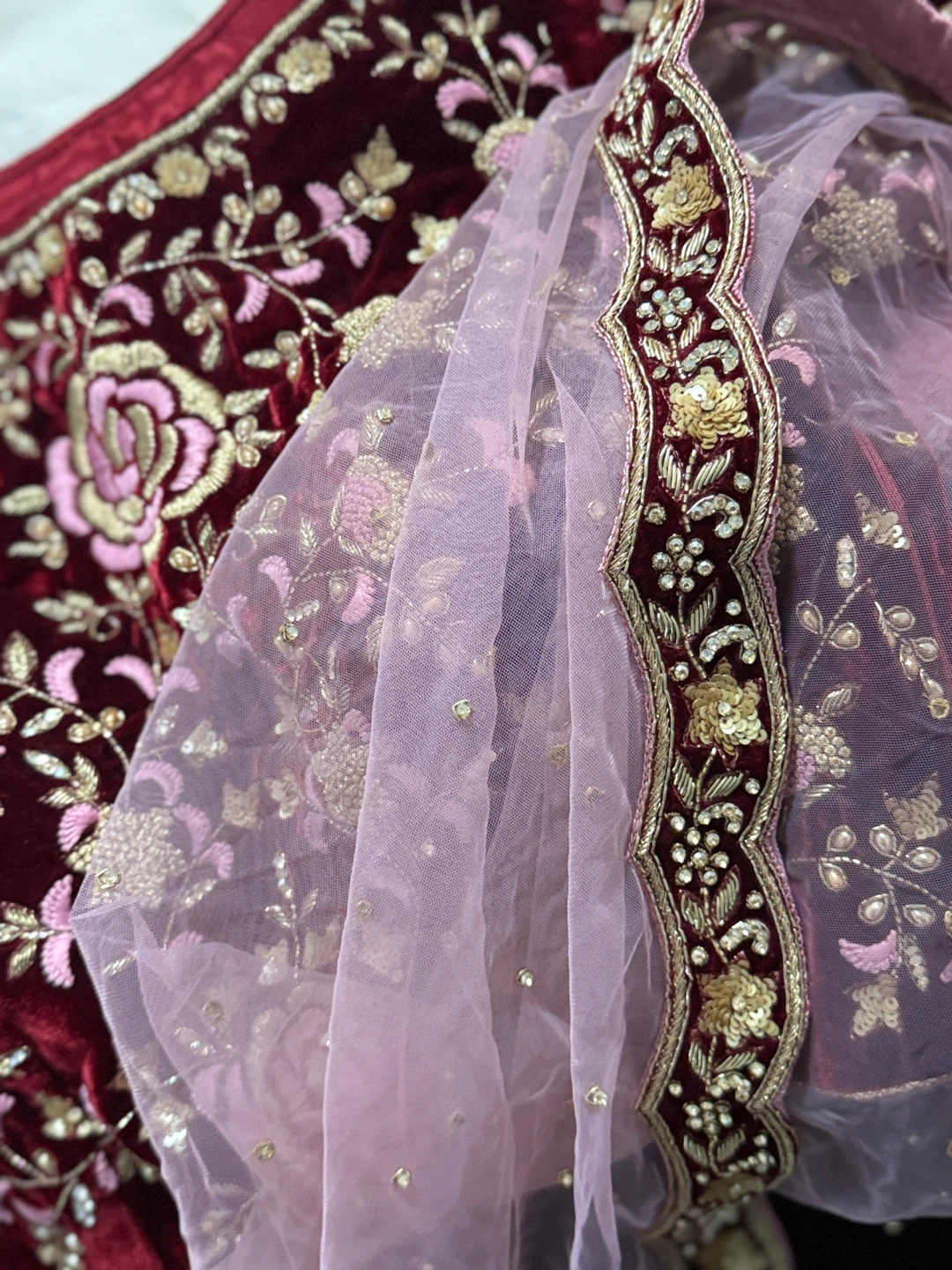 Maroon Velvet Embroidered Lehenga with Blouse and Dupatta - photo 3