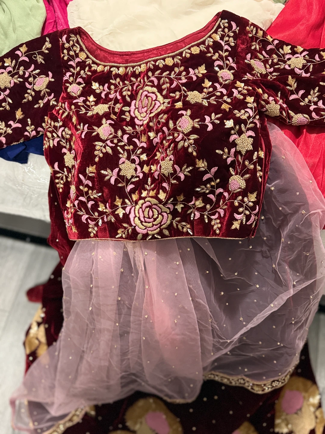 Maroon Velvet Embroidered Lehenga with Blouse and Dupatta