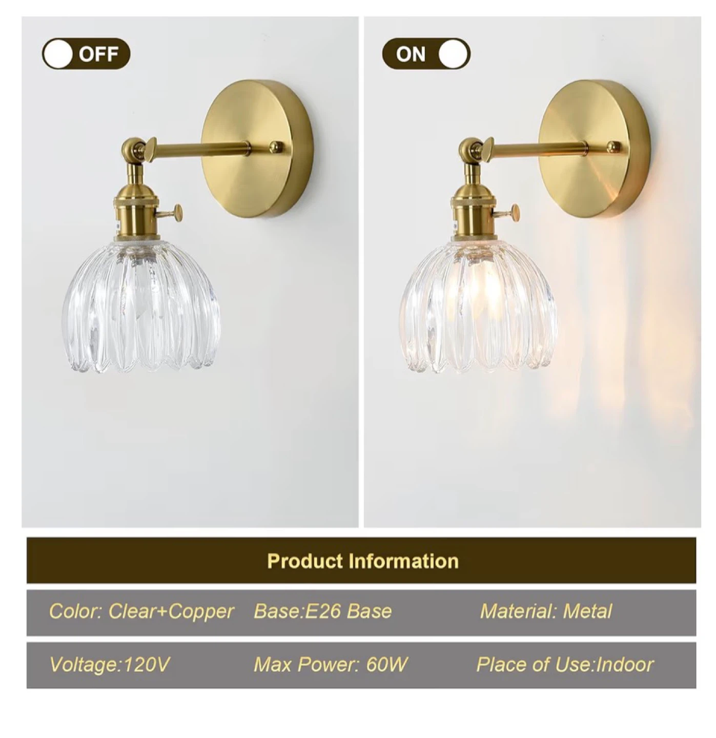 Vintage Wall Sconces (2 Pack) - Adjustable Tulip Glass Lampshade - photo 4