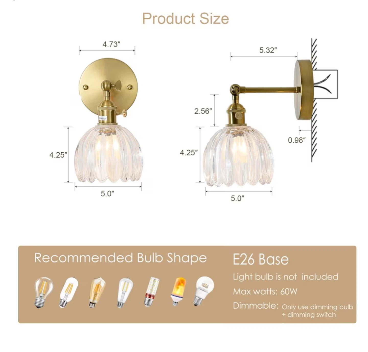 Vintage Wall Sconces (2 Pack) - Adjustable Tulip Glass Lampshade - photo 5