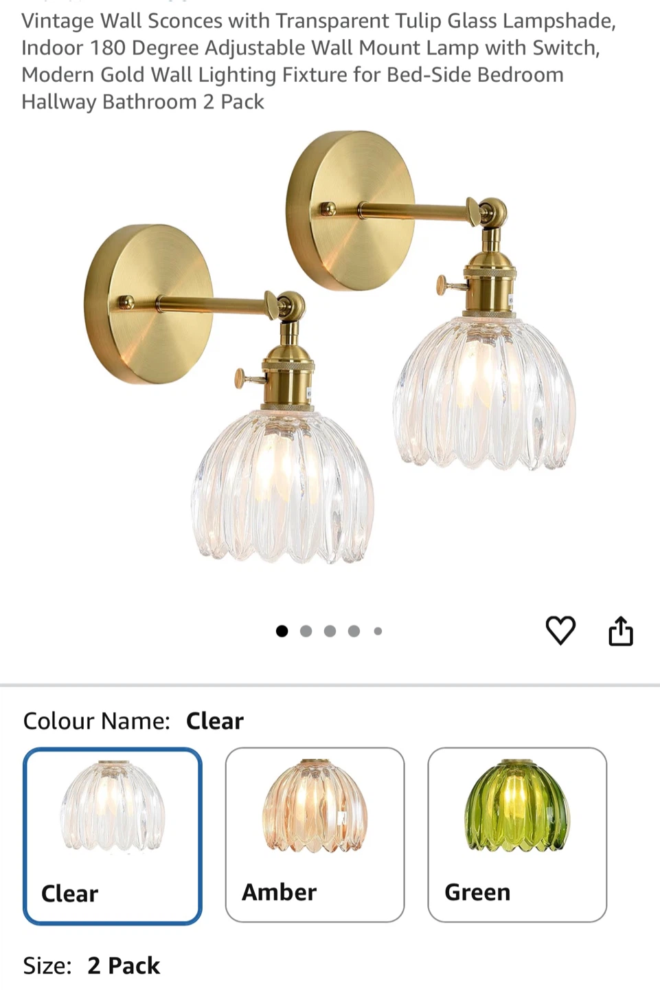 Vintage Wall Sconces (2 Pack) - Adjustable Tulip Glass Lampshade