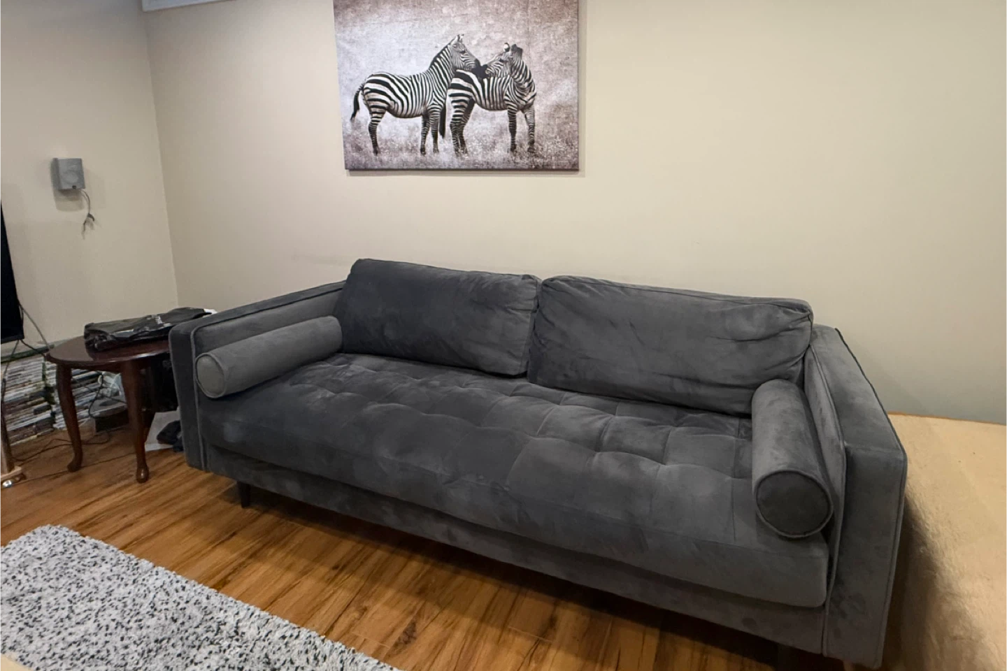 Grey Velvet Tufted Sofa with Bolster Pillows - photo 5
