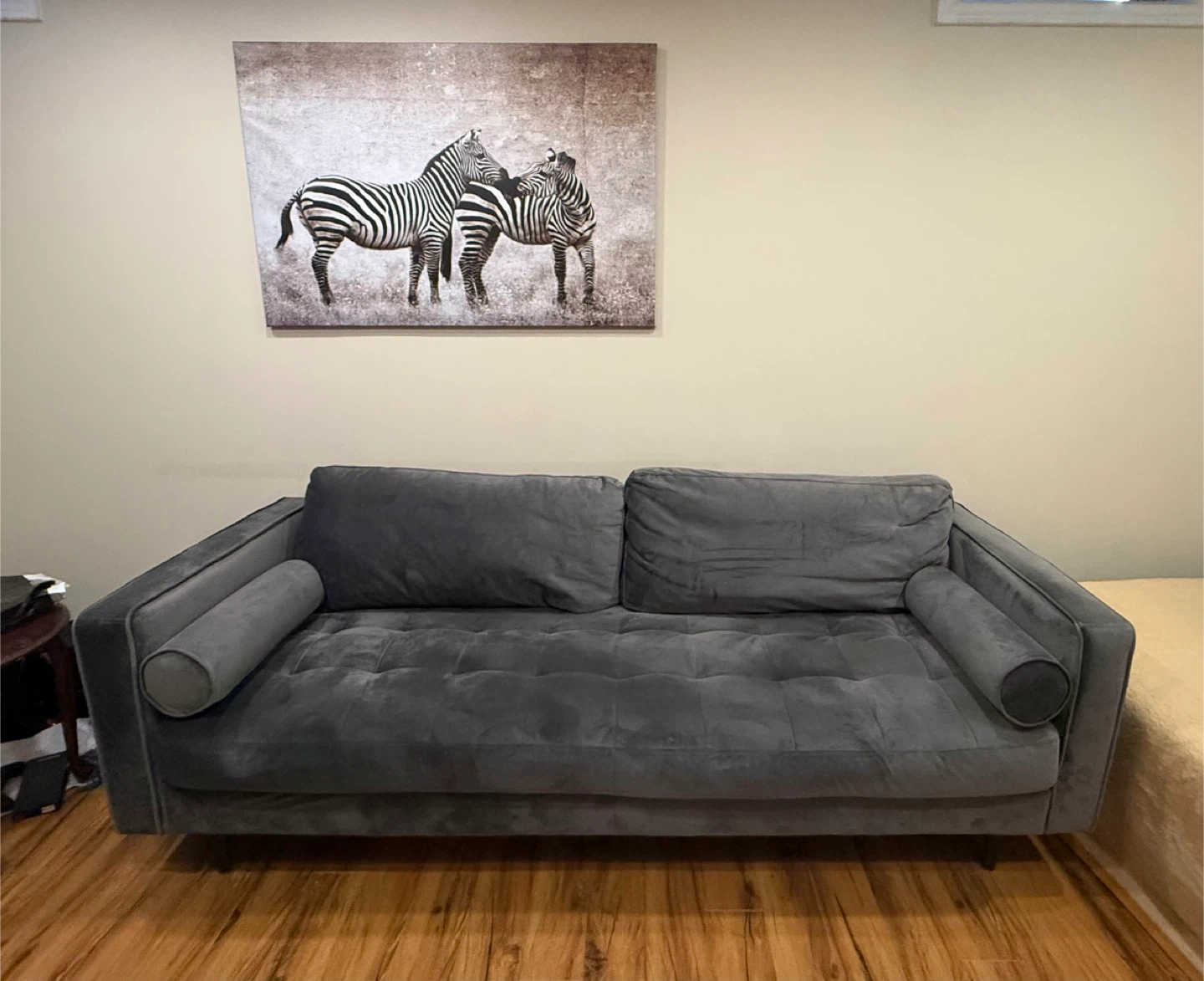 Grey Velvet Tufted Sofa with Bolster Pillows