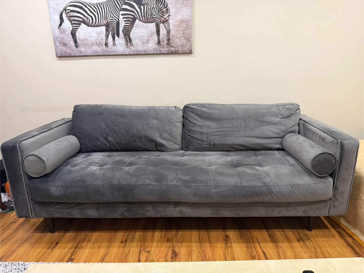 Grey Velvet Tufted Sofa with Bolster Pillows - photo 2