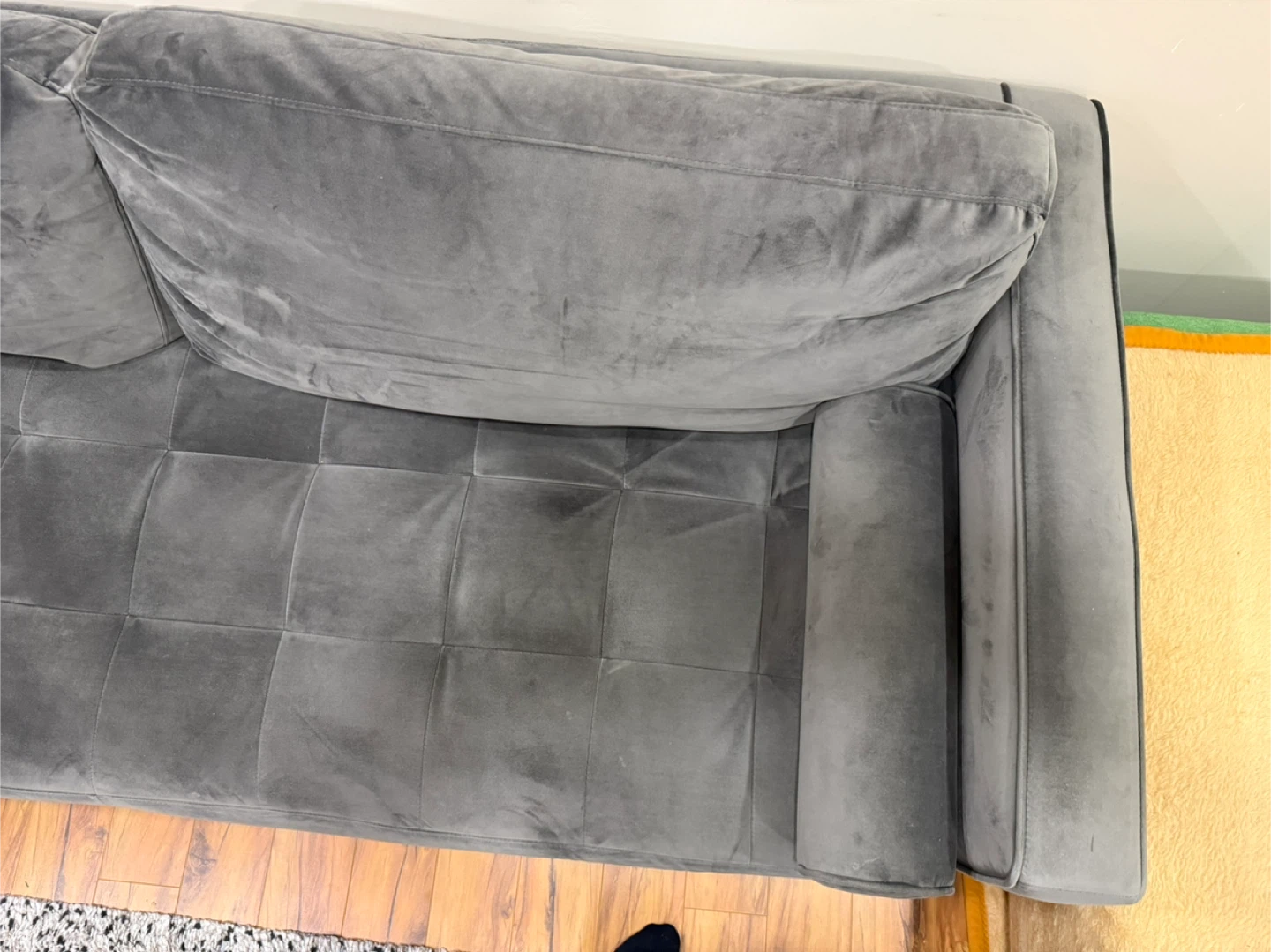 Grey Velvet Tufted Sofa with Bolster Pillows - photo 4