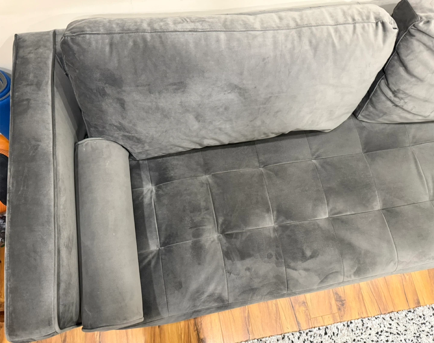 Grey Velvet Tufted Sofa with Bolster Pillows - photo 3