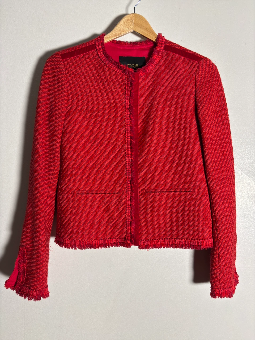 Maje Red Fringed Tweed Blazer Women's Size 36 - Act Fast!