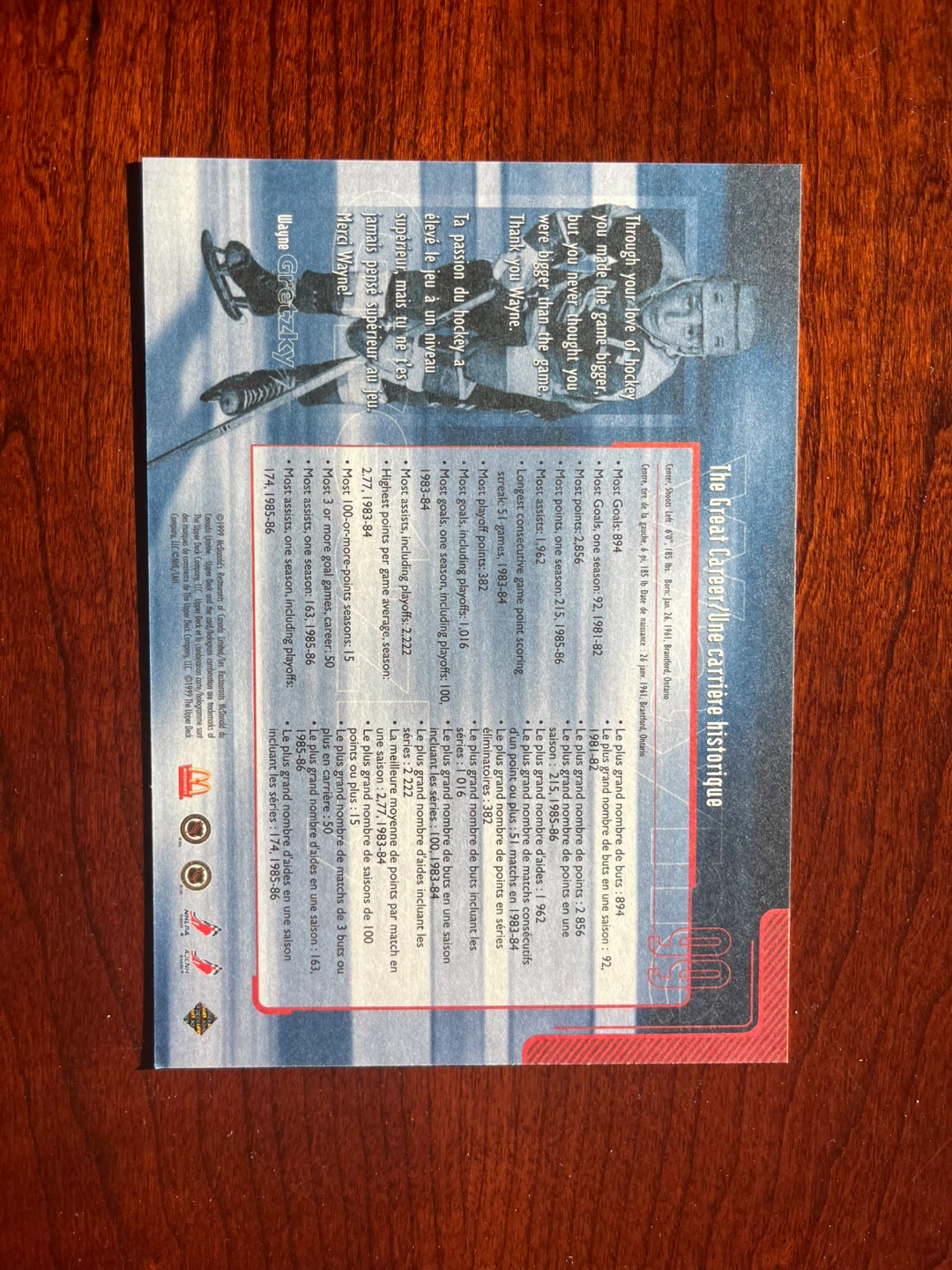 1999 UPPER DECK McDONALD'S WAYNE GRETZKY THE GREAT CAREER - photo 2