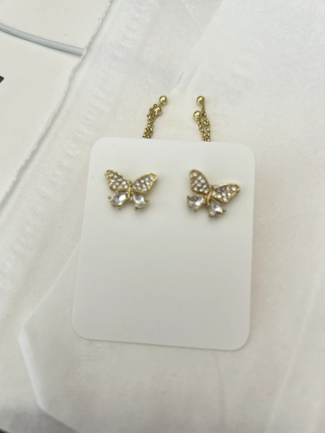 Gold Butterfly Drop Earrings with Rhinestones