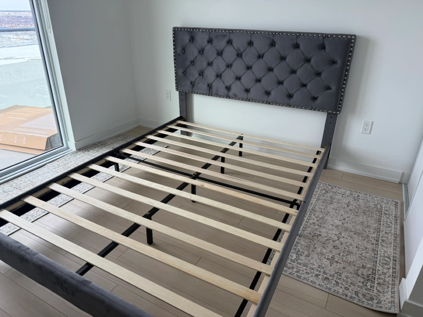 Grey Velvet Tufted Headboard Bed Frame