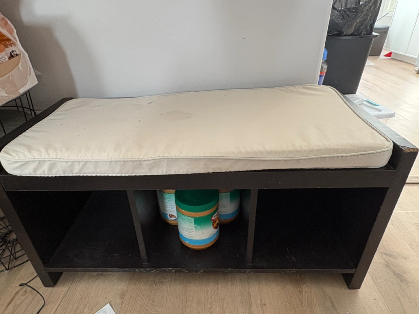 Dark Wood Storage Bench with Padded Seat