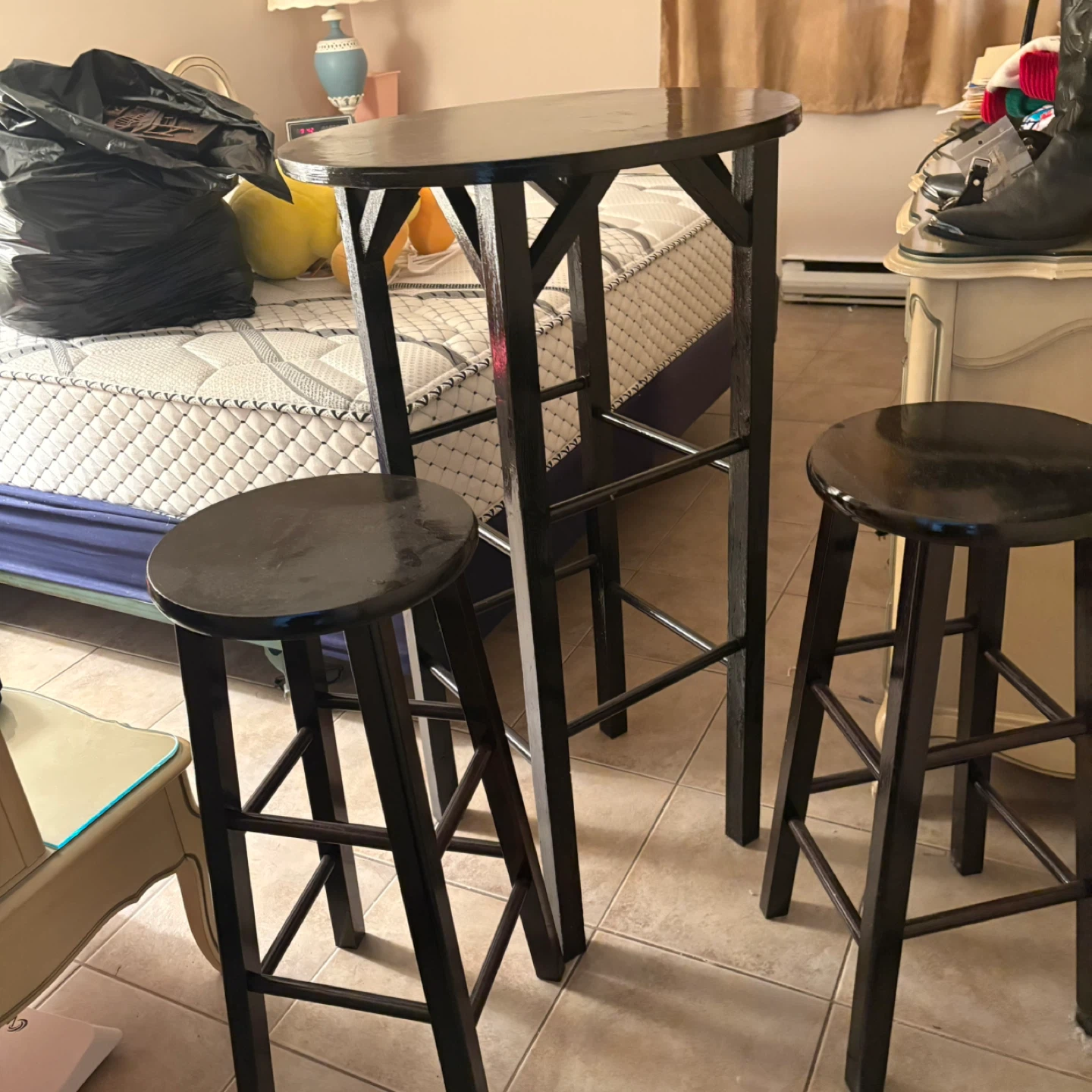Black Bar Table and 2 Stools Set