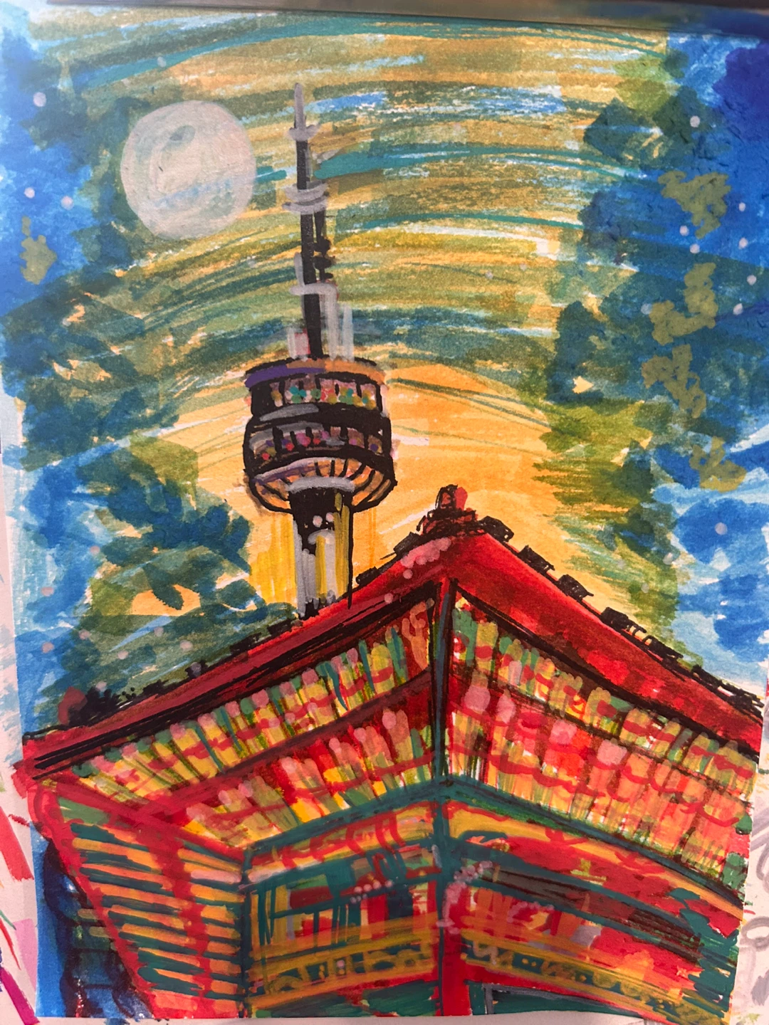 Original Artwork: Cityscape with Tower and Moon