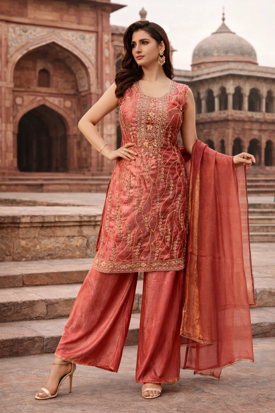 Women's Embroidered Kurti with Palazzo Pants and Dupatta