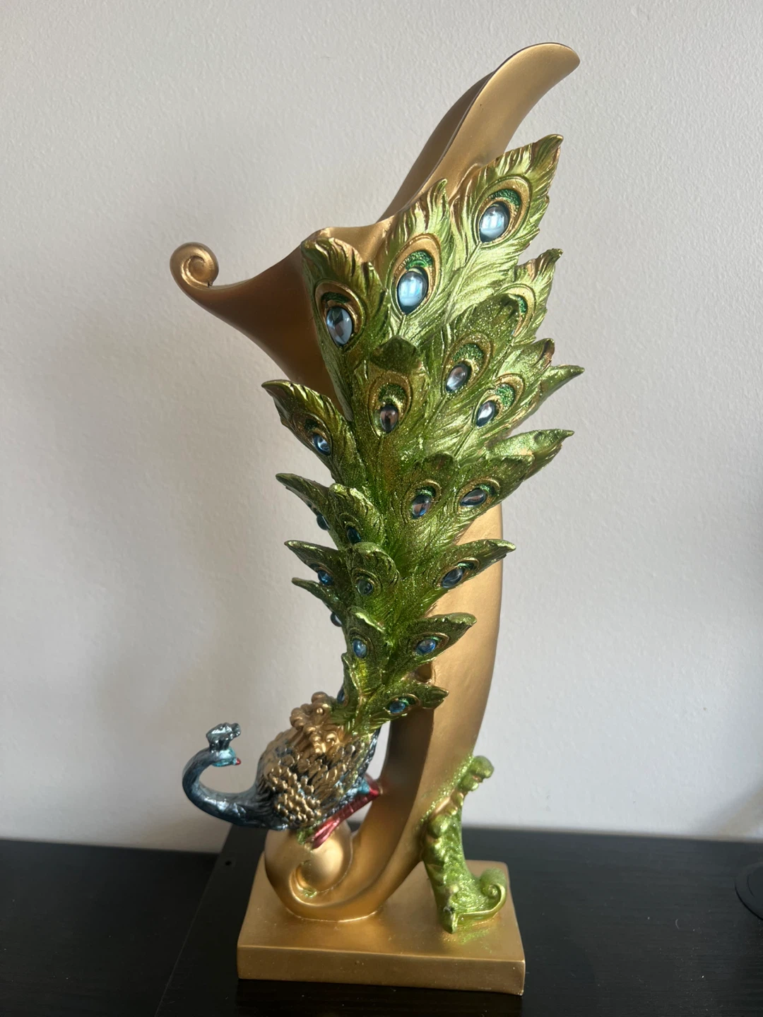 Gold Peacock Figurine with Blue Jewel Accents