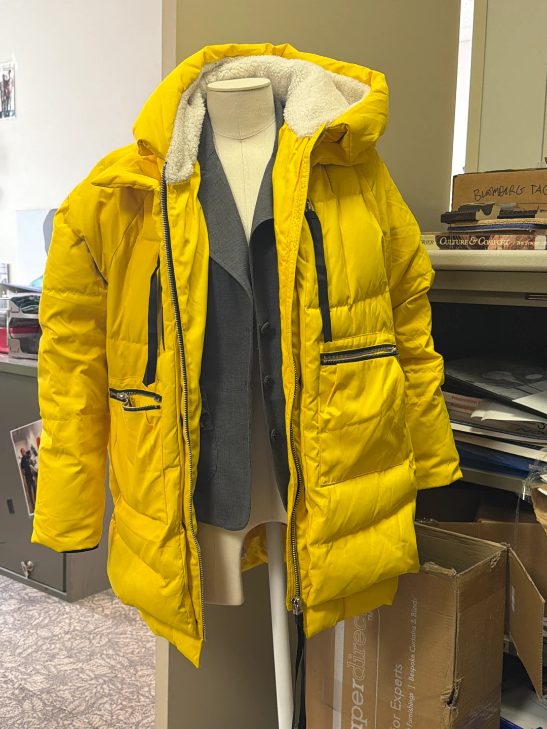 Yellow Puffer Coat with Sherpa Lined Hood