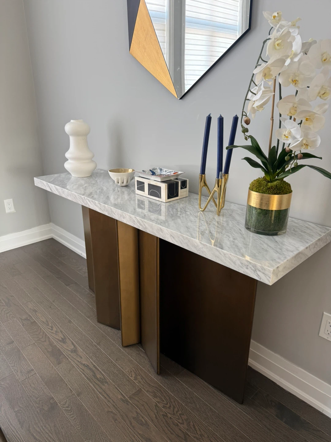 Marble Top Console Table with Bronze Base