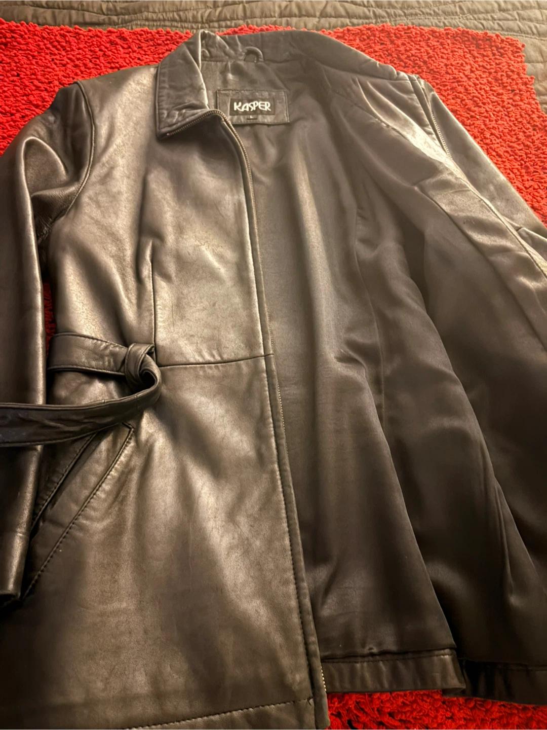 Kasper Black Leather Belted Jacket - Size L