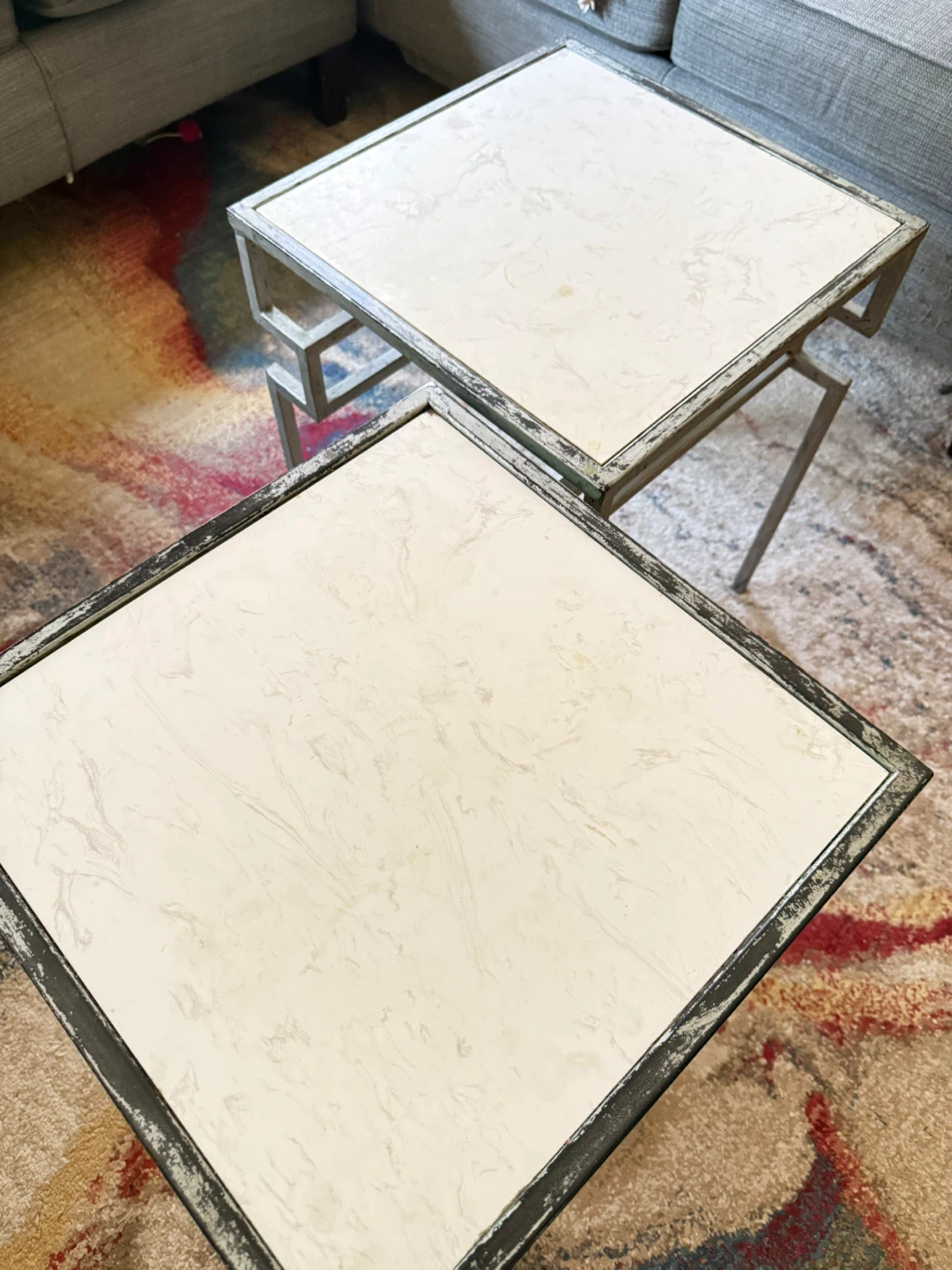 Set of 2 Metal Side Tables with Faux Marble Tops - photo 3