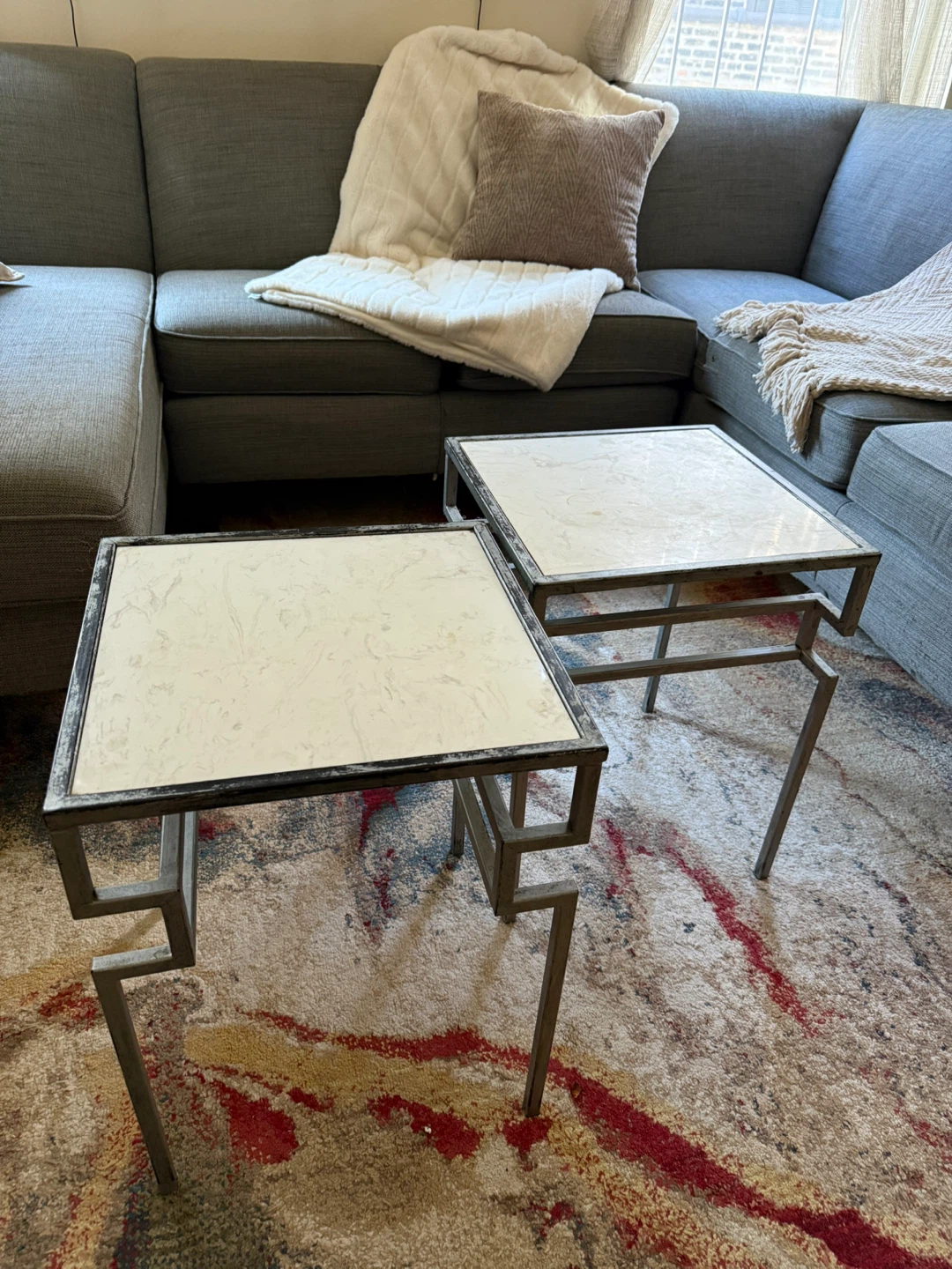 Set of 2 Metal Side Tables with Faux Marble Tops