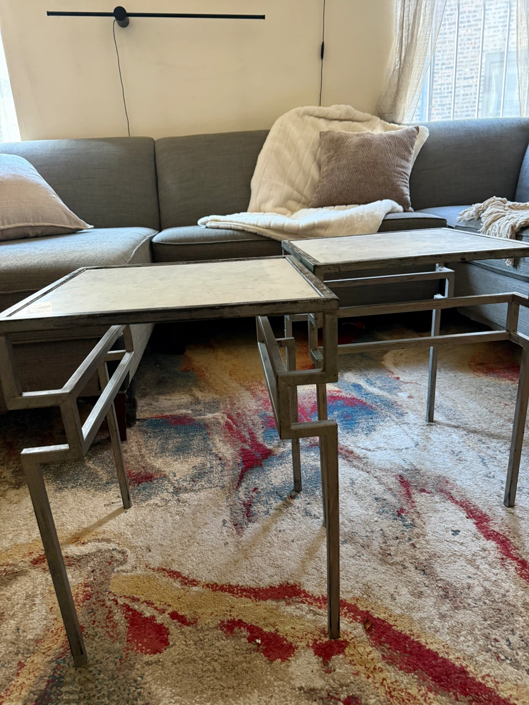Set of 2 Metal Side Tables with Faux Marble Tops - photo 2