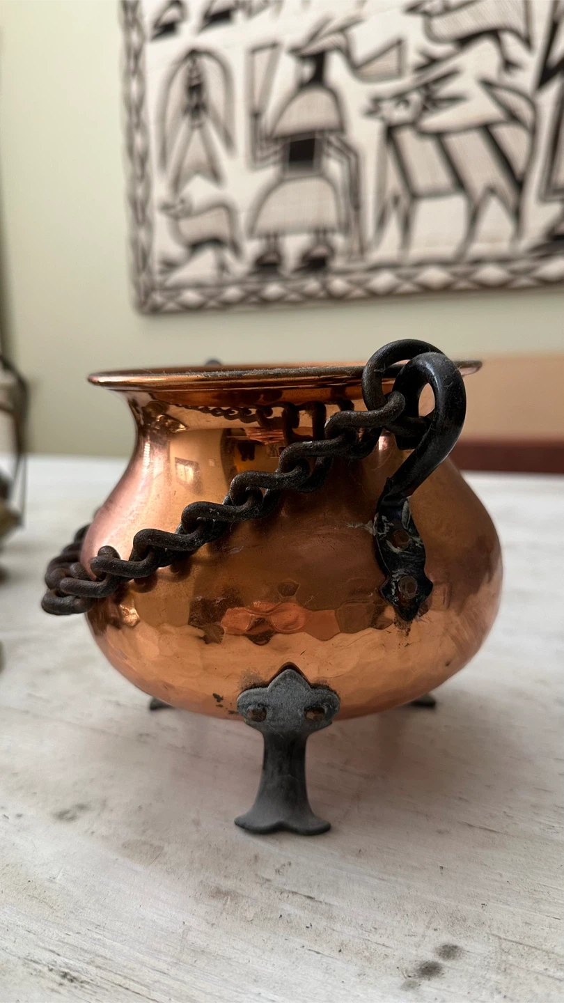 Vintage Copper Cauldron with Chain and Stand