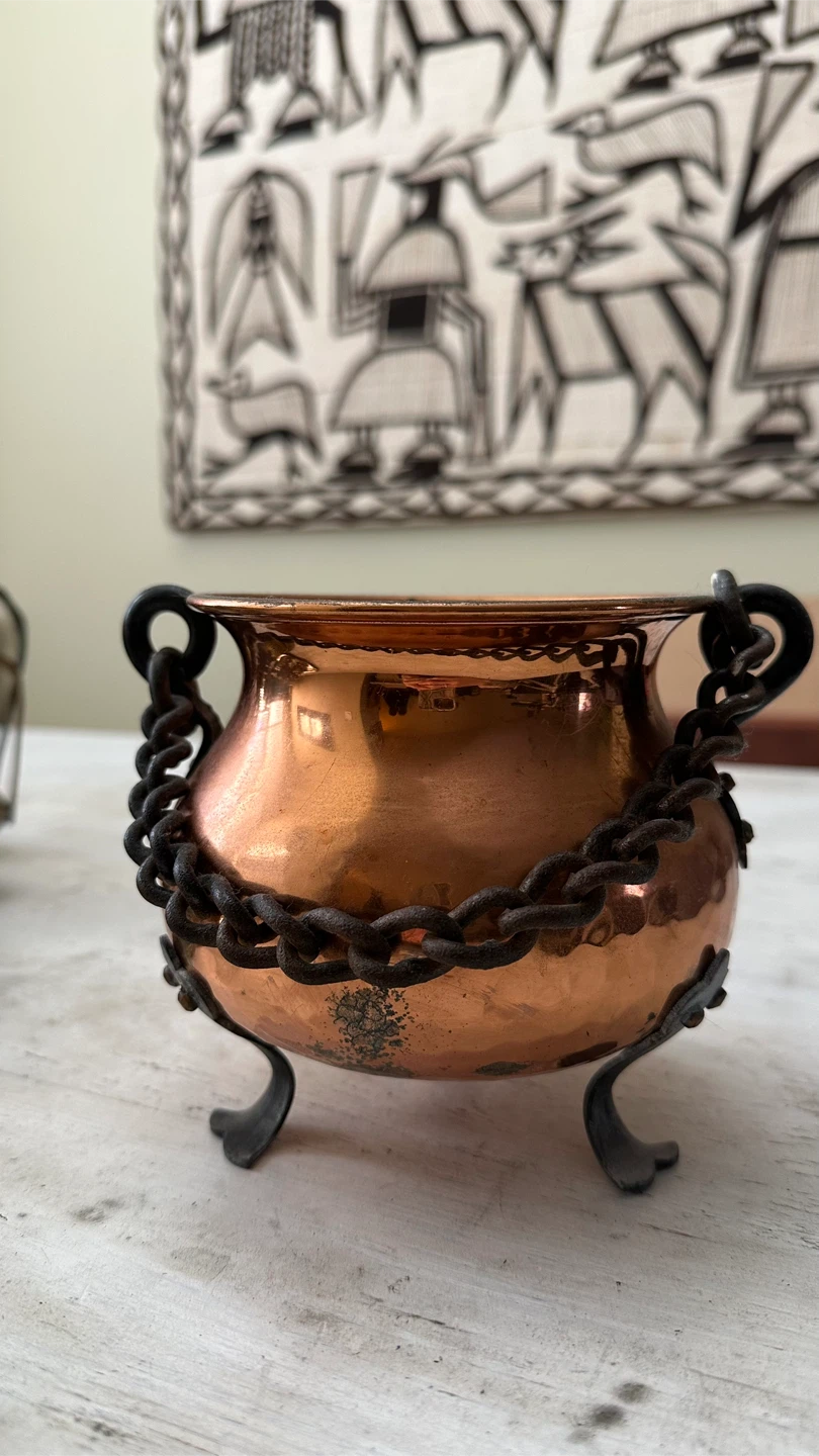 Vintage Copper Cauldron with Chain and Stand - photo 3