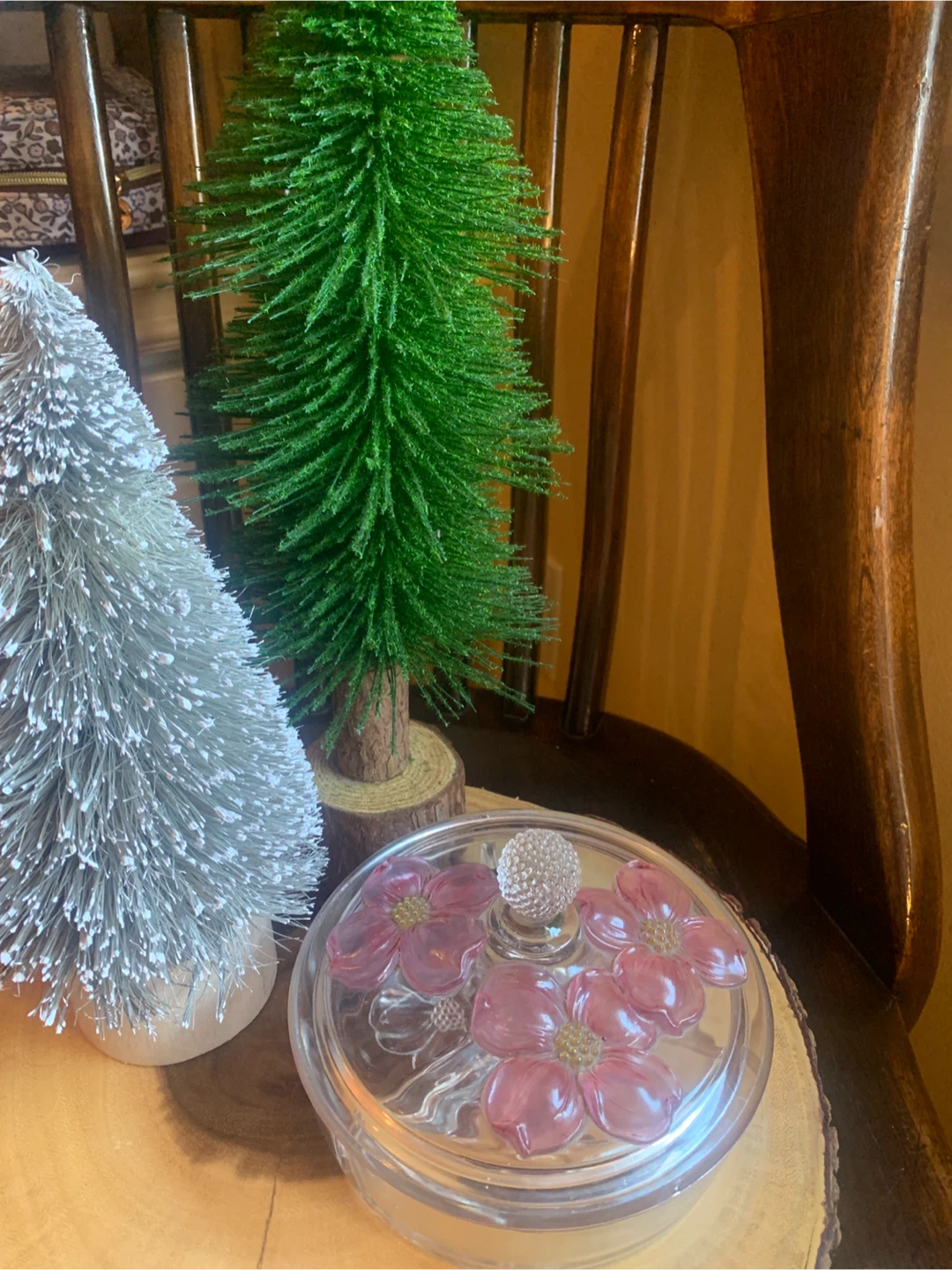 Vintage Glass Candy Dish with Pink Dogwood Blossoms