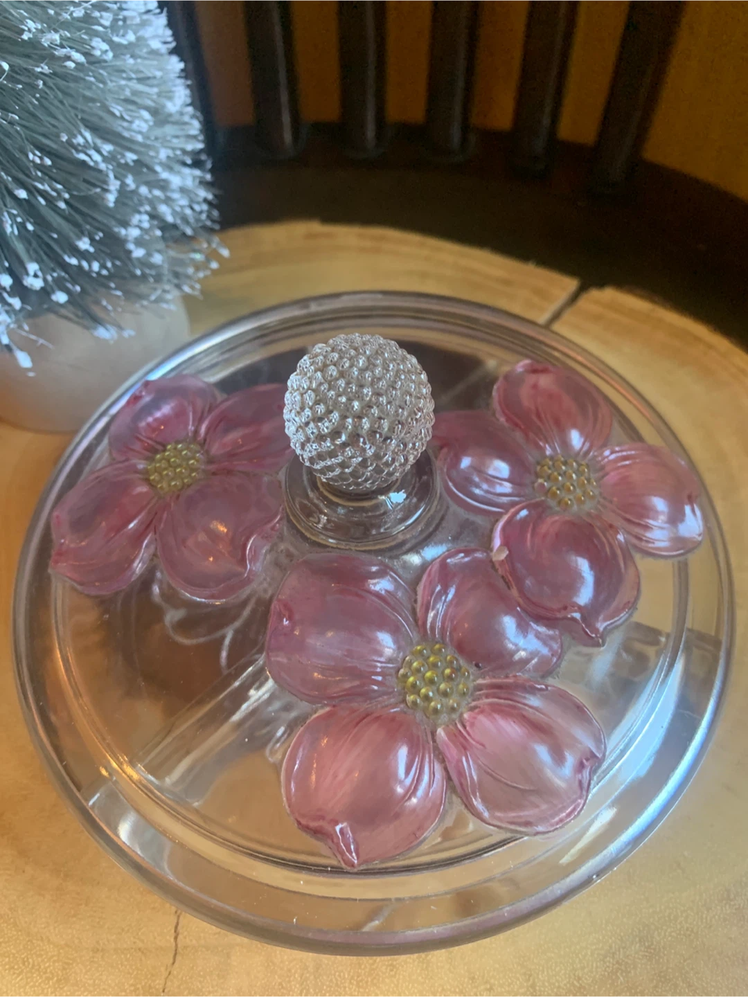 Vintage Glass Candy Dish with Pink Dogwood Blossoms - photo 2