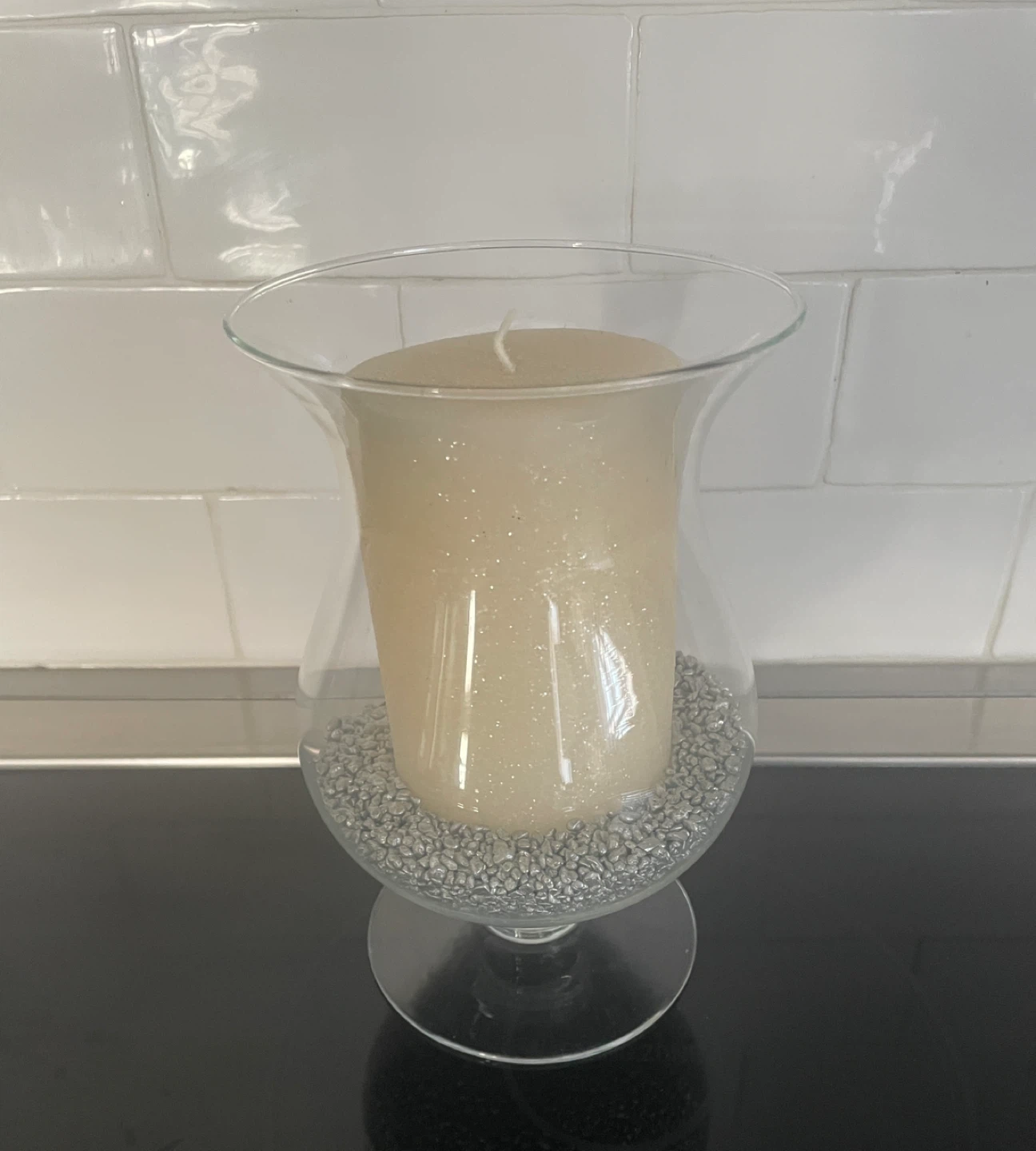 Glass Candle Holder with Candle & Silver Stones