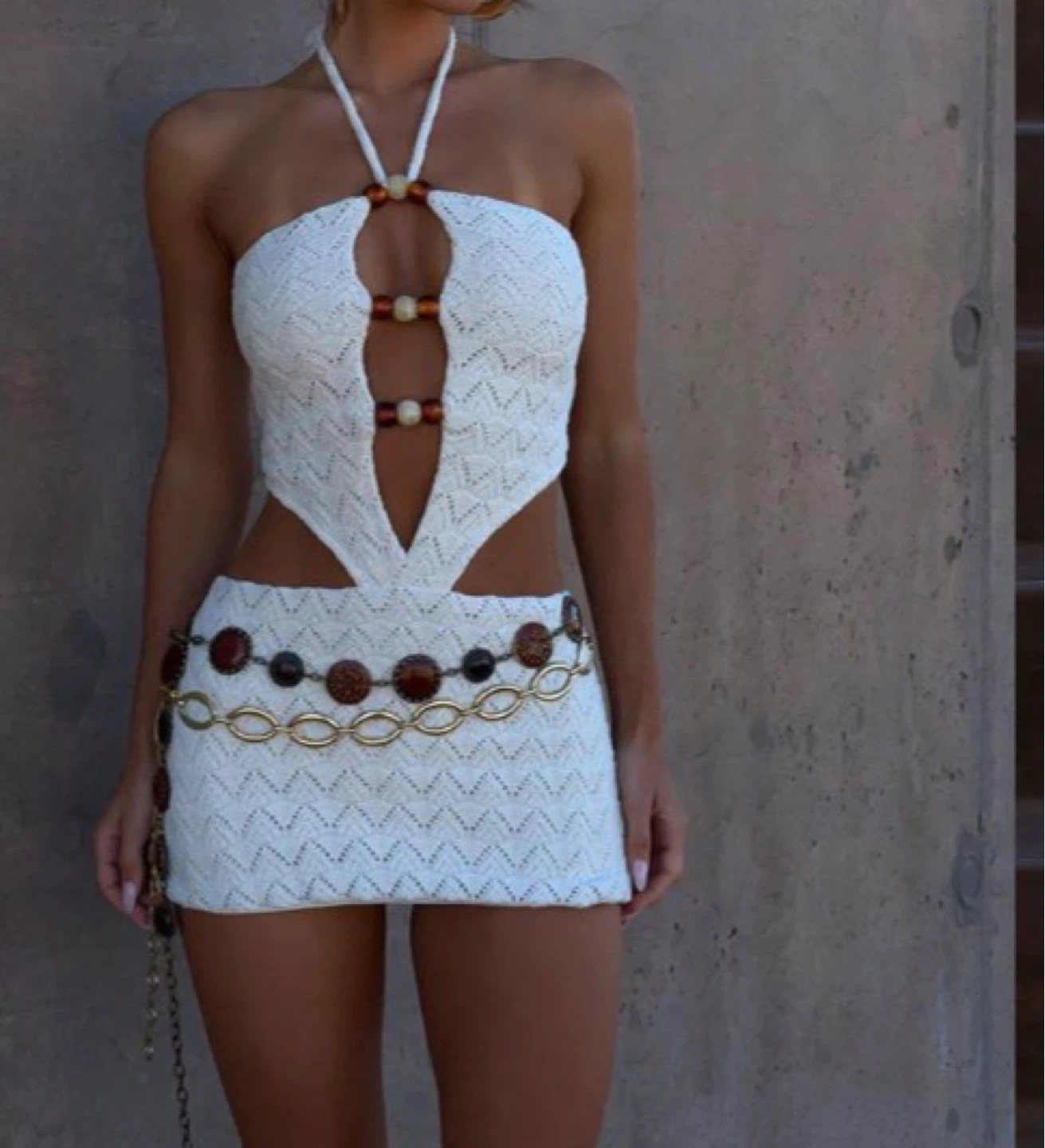 White Crochet Halterneck Mini Dress with Beads