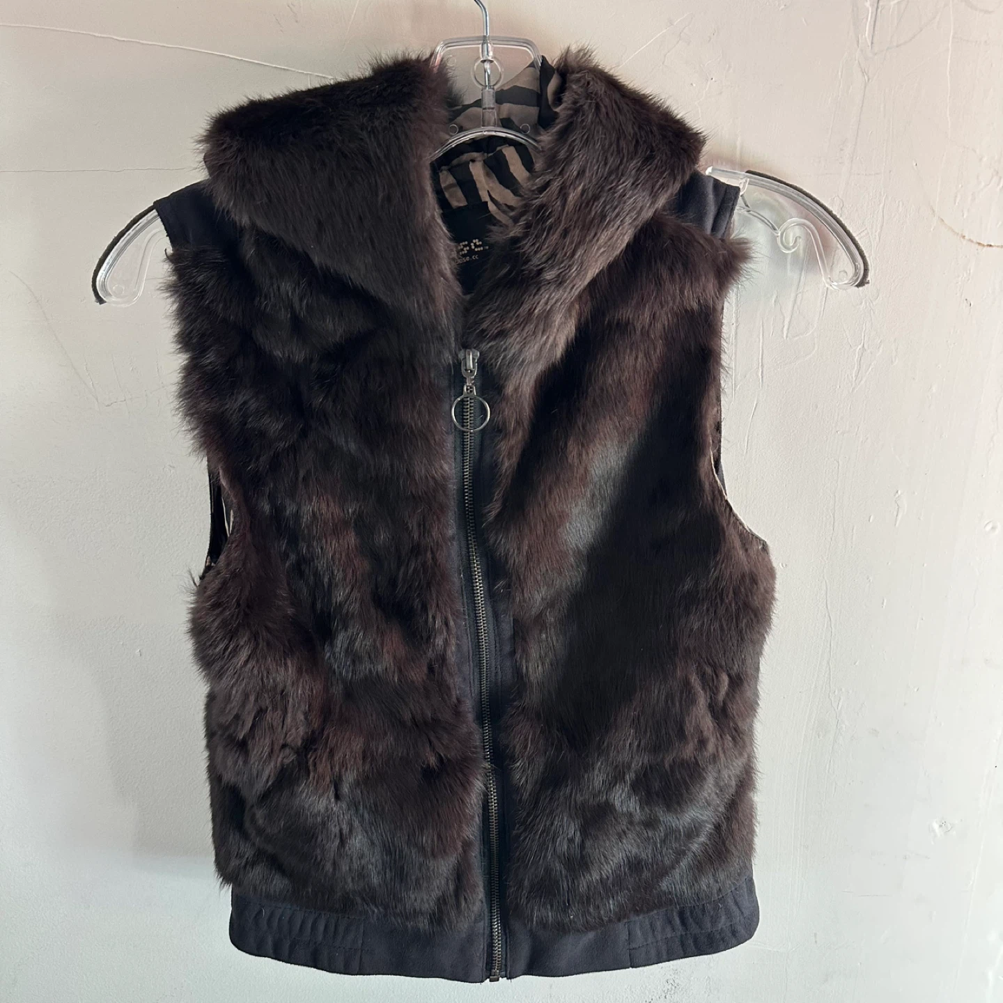 Women's Black Faux Suede Hooded Vest with Rabbit Fur Trim