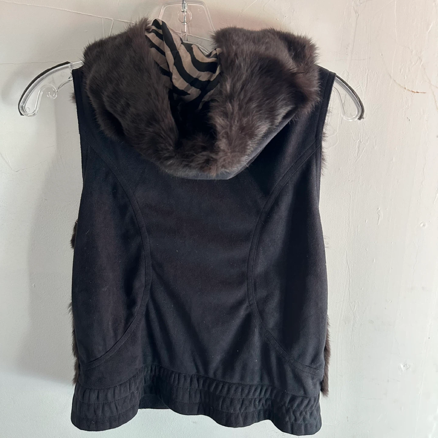 Women's Black Faux Suede Hooded Vest with Rabbit Fur Trim - photo 2