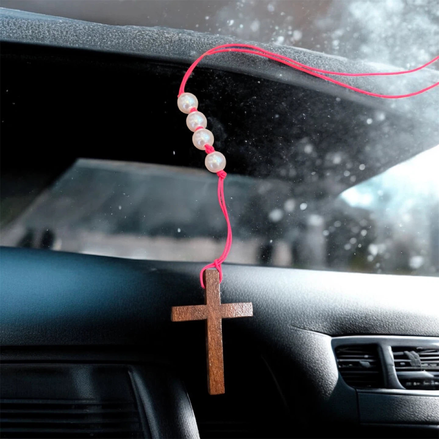 🧡Wooden Cross Car Rearview Mirror Charm - photo 2