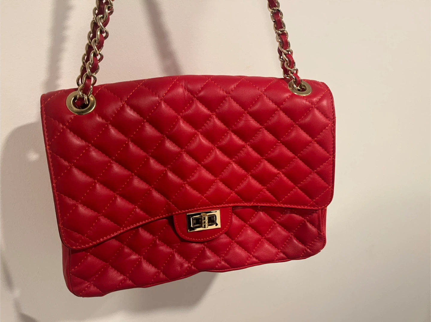 Red Quilted Shoulder Bag with Gold Chain