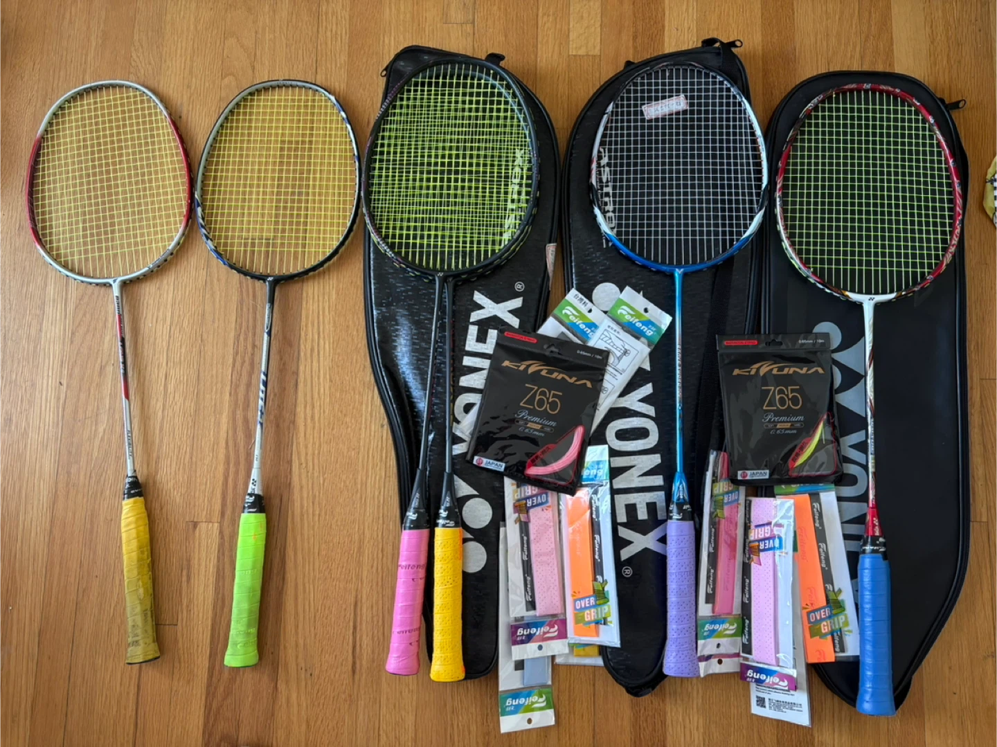Assorted Badminton Rackets and Overgrips