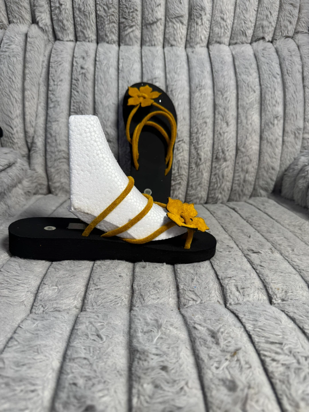 Black Flip Flops with Yellow Flower Straps - Size 40